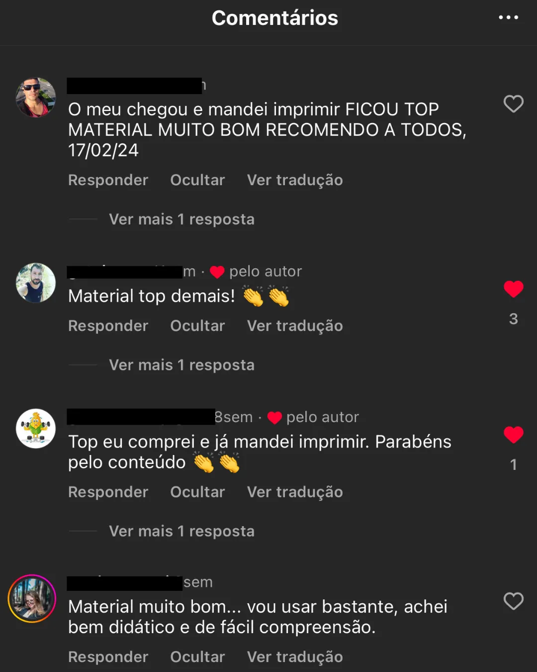 Depoimento de cliente elogiando o material